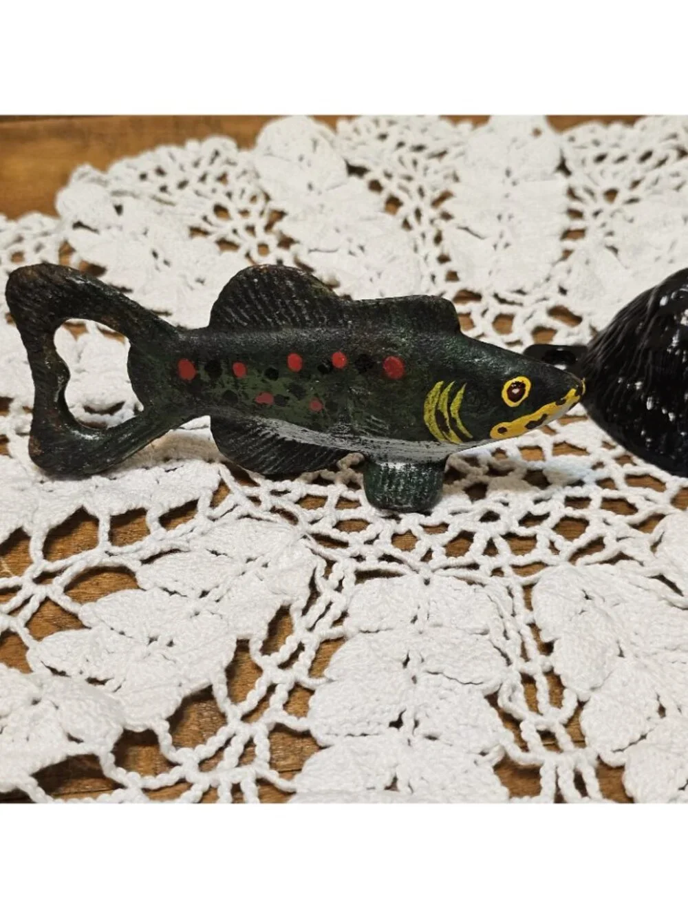 Vintage 5in Cast Iron “Painted Trout” and 3.5 IN Black Bear Bottle Opener 